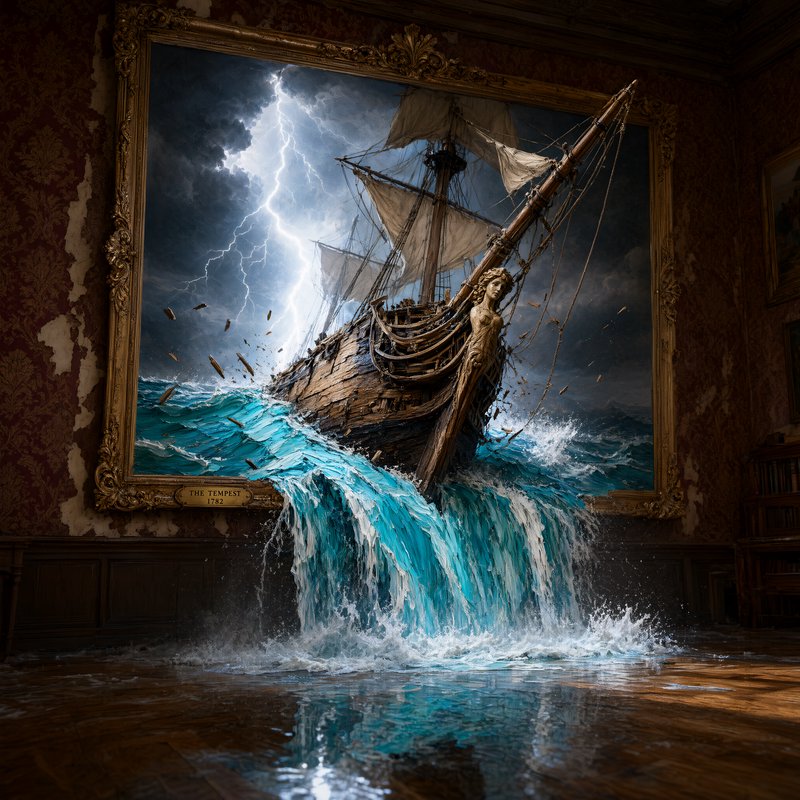 Surreal artwork where a stormy galleon painting spills turquoise ocean waves out of an ornate gol...