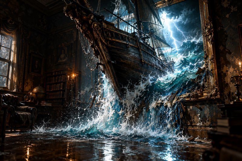 Ornate antique wooden galleon crashes through a gilded painting frame, spilling storm ocean waves...