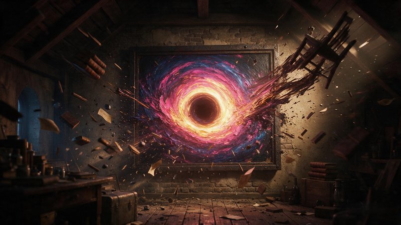Framed swirling multicolored cosmic portal painting pulls floating furniture, books and debris in...