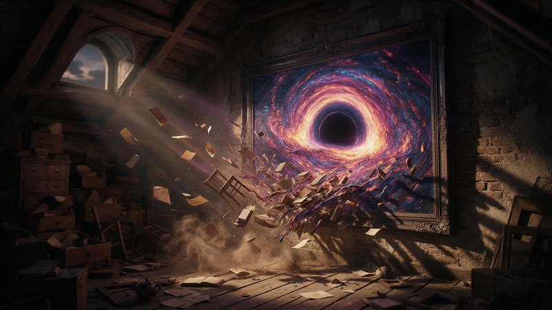 Surreal attic scene where an ornate framed cosmic wormhole painting pulls floating books and furn...