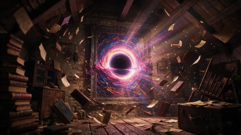 Glowing swirling interdimensional portal in an antique framed painting pulls floating books and p...