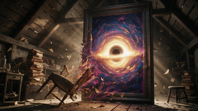 Ornate framed cosmic black hole portal painting pulls debris and a wooden chair inside a sunlit r...