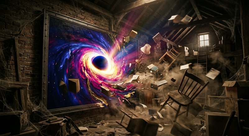 Surreal framed cosmic black hole portal painting pulls floating furniture and books into a dusty ...
