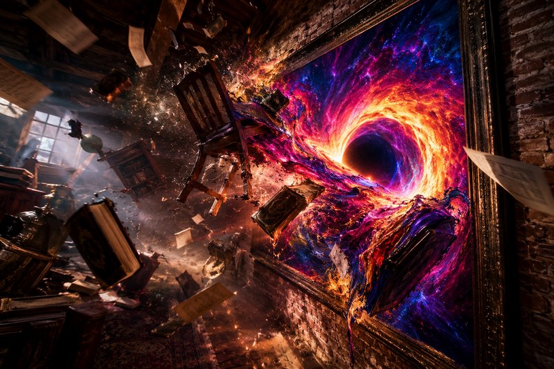 Surreal fantasy scene of a glowing cosmic vortex painting pulling floating furniture, books, and ...
