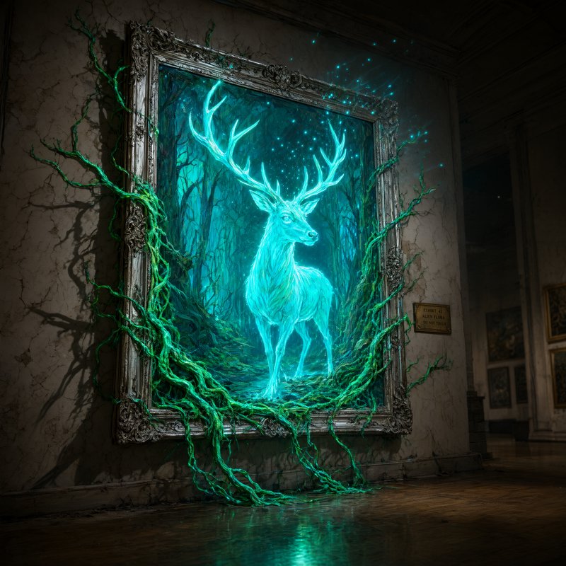 Ornate framed artwork of a glowing cyan spirit deer, with tangled green vines spilling out into a...