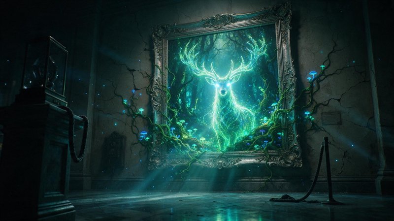 Glowing ethereal spirit stag inside an ornate framed portal, with bioluminescent vines growing ou...
