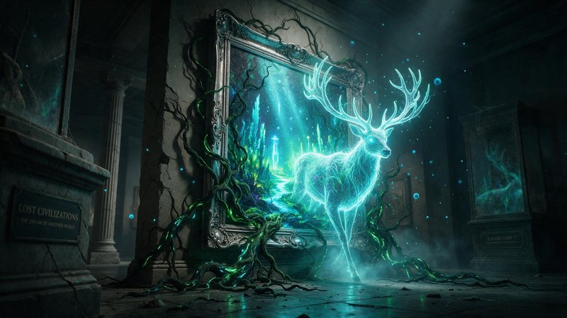 Glowing cyan ethereal stag spirit emerging from an enchanted framed portal in a dark crumbling mu...
