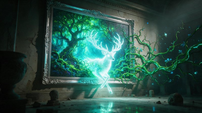 Luminous glowing spirit stag leaps from an ornate framed enchanted forest painting, glowing vines...