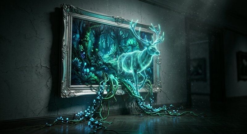 Glowing ethereal stag emerges from an ornate framed enchanted forest painting, bioluminescent vin...