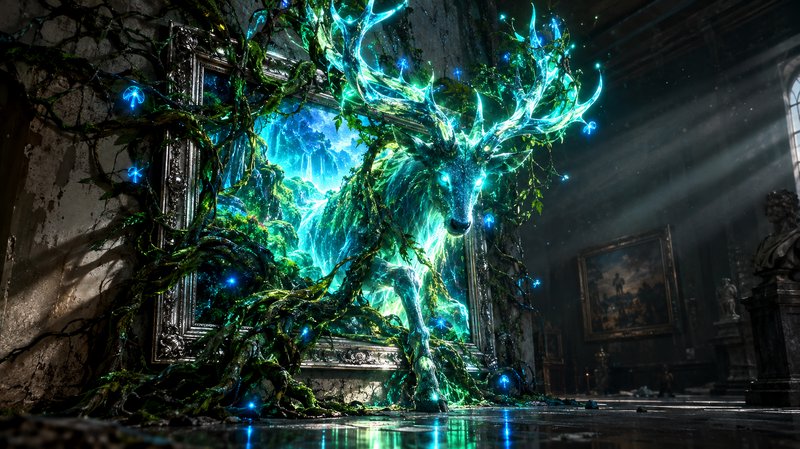 Bioluminescent emerald fantasy stag emerges from an enchanted vine-tangled painting frame in a di...