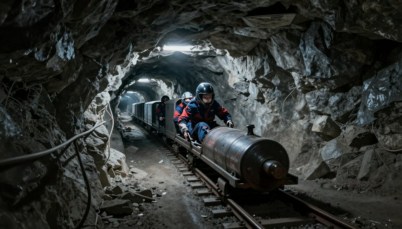 Miners in protective gear ride a small mine trolley through a jagged rock underground mine tunnel...