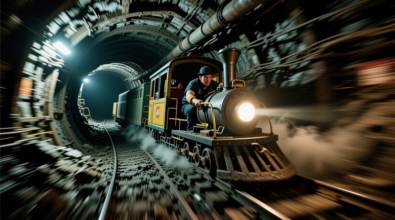 Small vintage steam train operated by an engineer speeds through an underground tunnel, heavy mot...