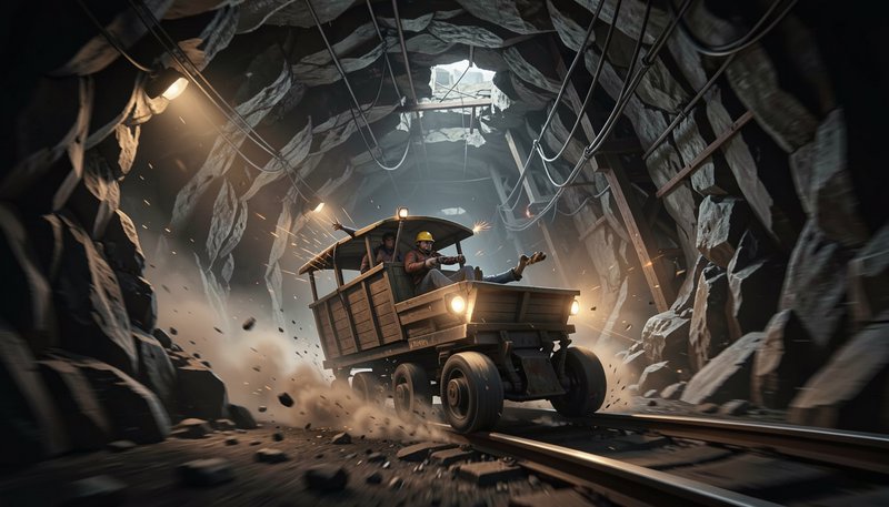 Two miners ride a speeding wooden mine cart down rails inside a rocky underground mine during an ...