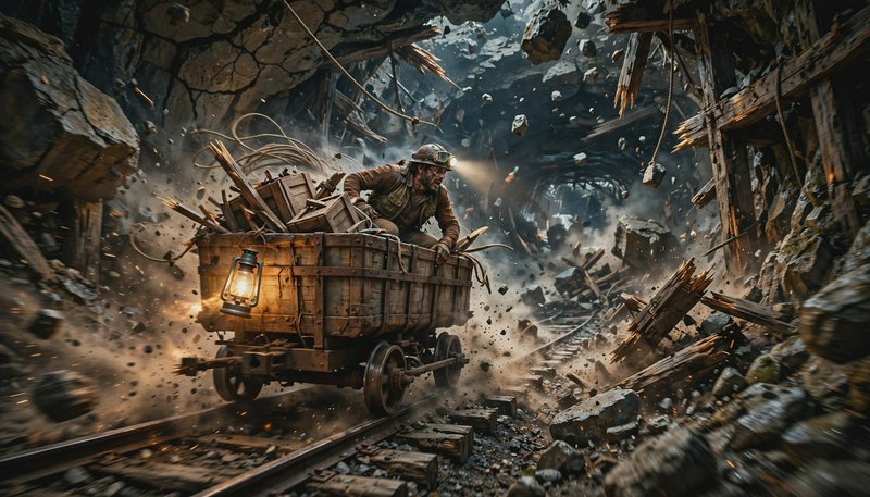Miner with headlamp clings to a runaway wooden mine cart as an underground mine collapses, fallin...