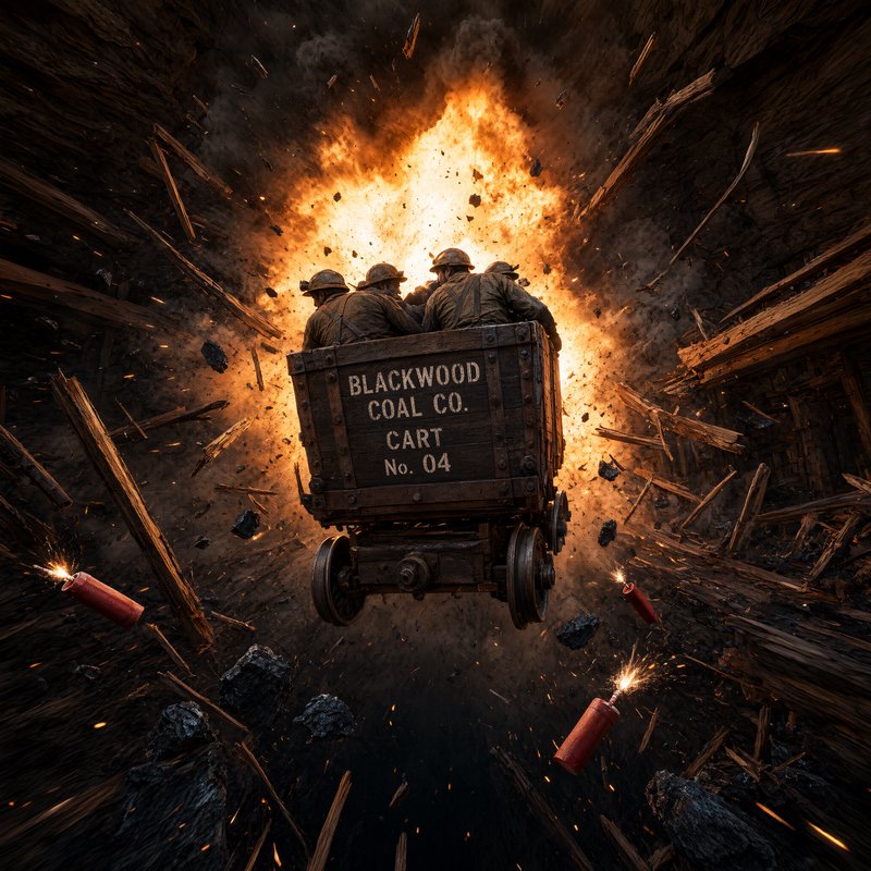 Wooden coal mine cart carrying miners launches away from a fiery underground explosion with lit d...