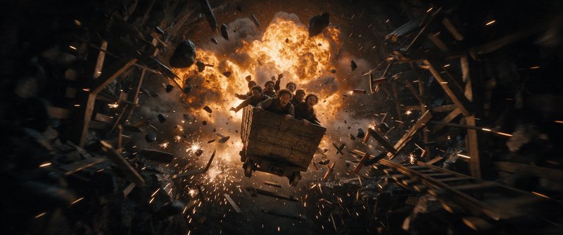 Terrified group in a wooden mine cart flies through an exploding mine tunnel amid flying debris a...