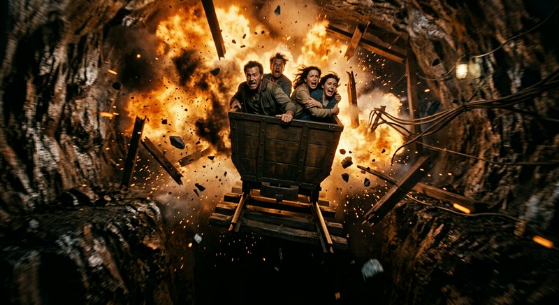 Terrified group rides a speeding wooden mine cart away from a massive fiery explosion inside a ro...