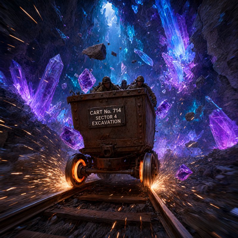 Runaway rusted mine cart carrying miners speeds through glowing purple crystal cave, sparks flyin...