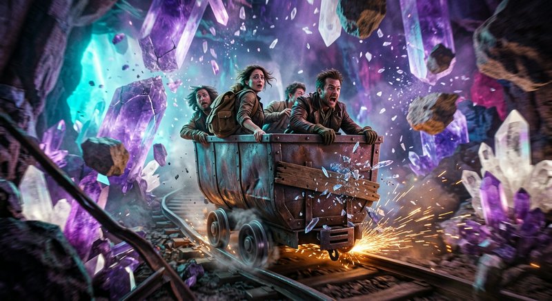 Terrified adventurers ride an out-of-control speeding mine cart through a collapsing glowing amet...