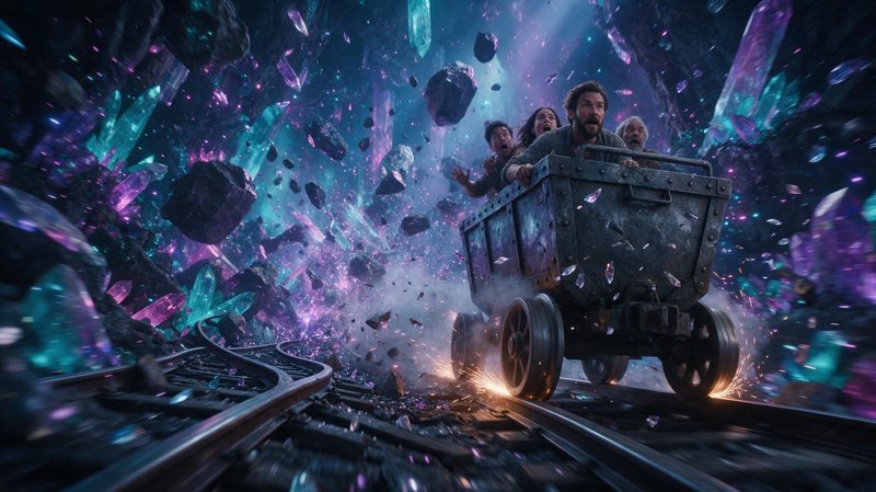 Terrified group rides a runaway speeding mining cart through a glowing purple and teal crystal ca...