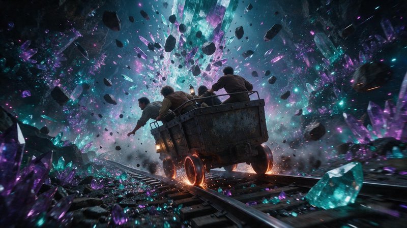 Runaway mining cart carrying men speeds through a glowing purple and teal crystal cavern as rocks...