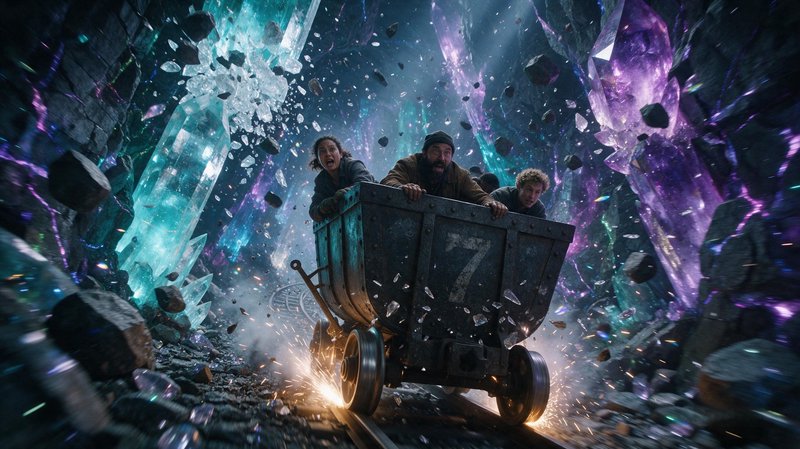 Terrified group in a runaway mining cart speeds through a glowing crystal cavern during a cave-in...