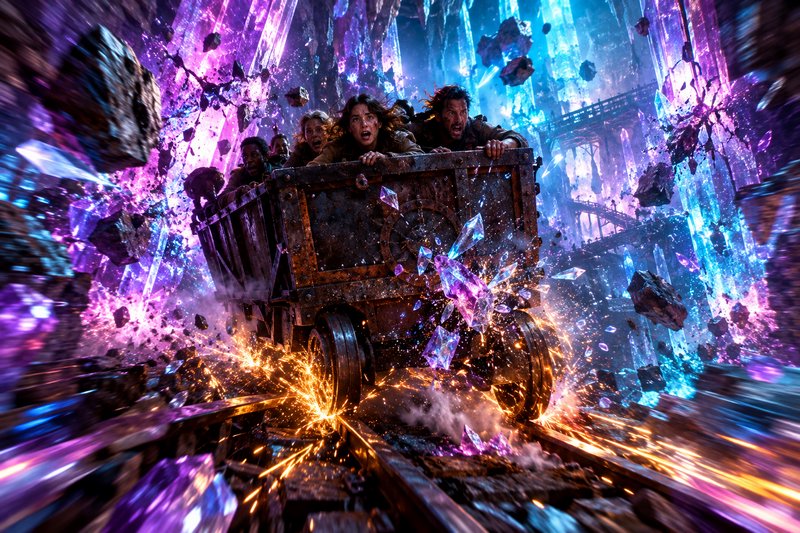 Runaway rusted mine cart with terrified passengers races through glowing purple-blue crystal cave...