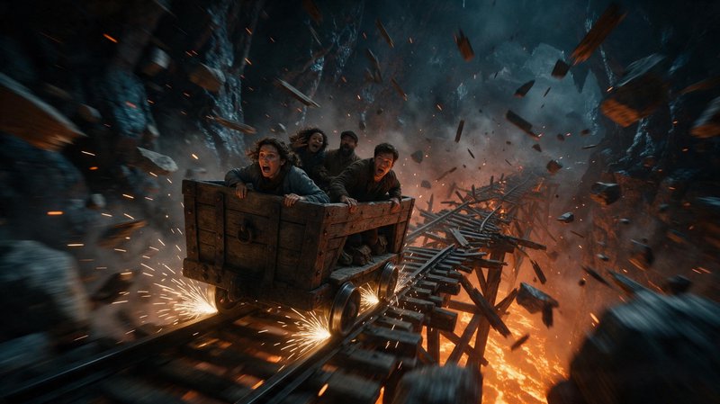 Terrified group in a runaway wooden mining cart speeds over collapsing tracks above glowing lava inside a crumbling
