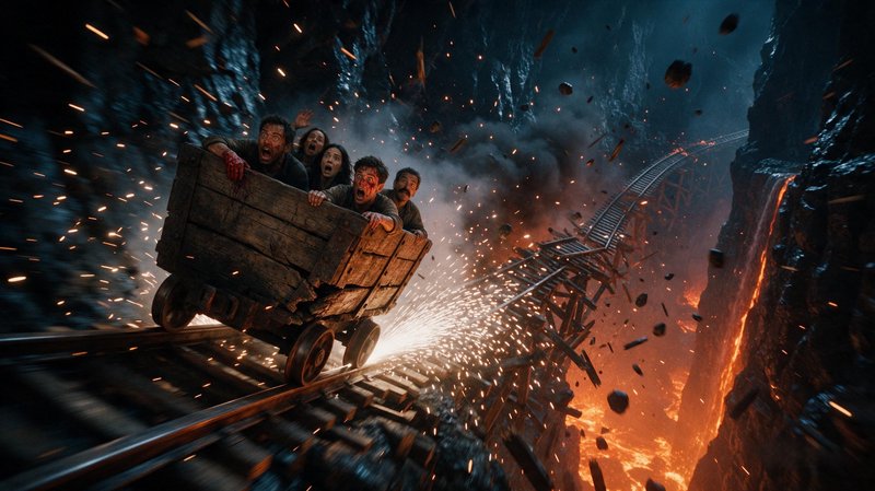 Terrified group of people speed in a rickety wooden mine cart over collapsing tracks above a glowing lava chasm, sparks