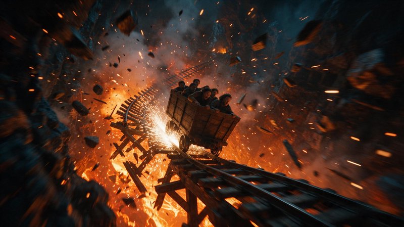 Panicked riders in a runaway wooden mine cart speed toward broken track amid fiery explosions and flying debris in a