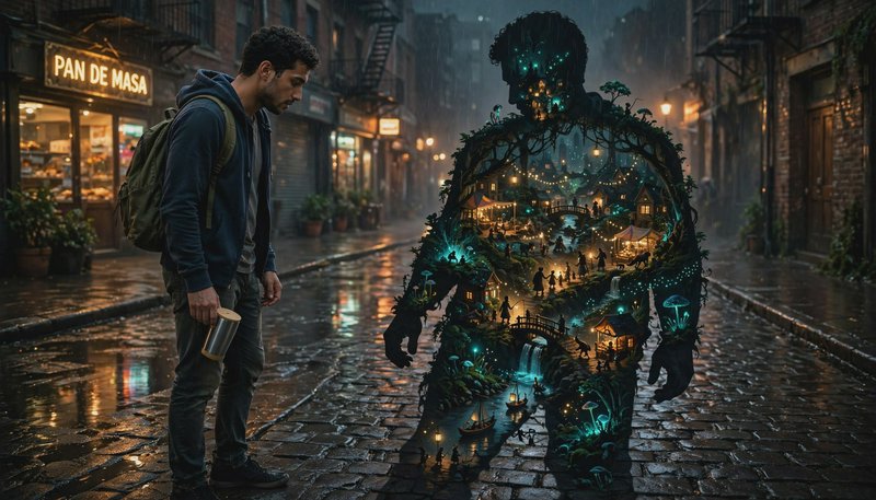 Man on rainy cobblestone city street gazes at a surreal hollow giant holding a glowing tiny fantasy village inside its frame