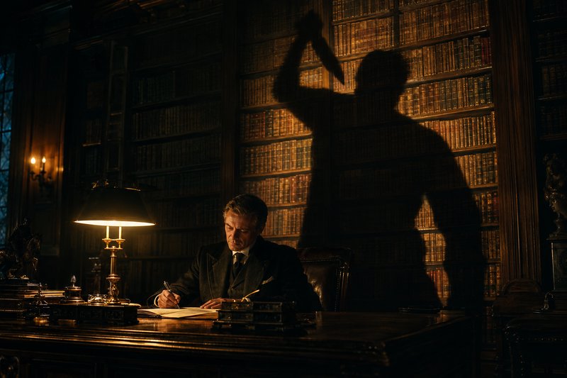 Formally dressed man writes at a vintage desk as a menacing shadow holding a raised knife looms on library bookshelves