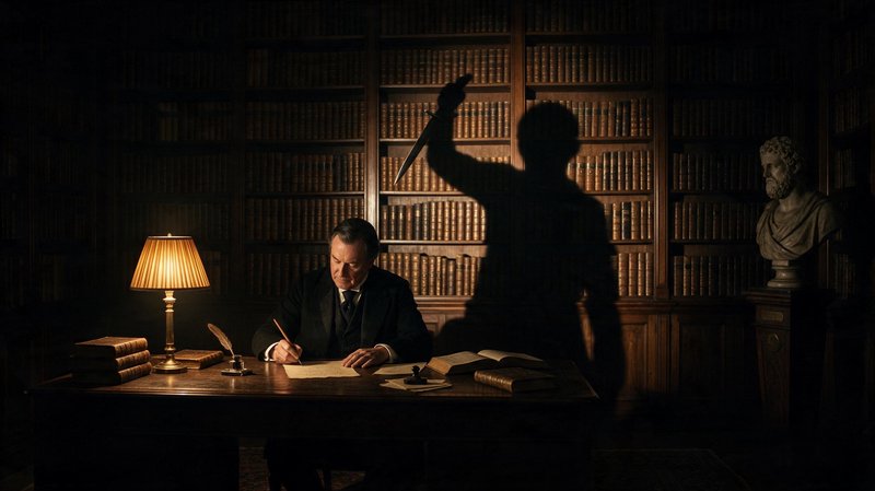 Man writing at vintage library desk, menacing silhouetted shadow of a knife-wielding attacker looms behind him in a dim