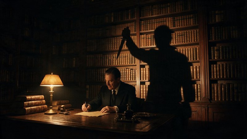 Silhouetted attacker raises a knife behind a seated man writing at a dim vintage desk in a leather-bound library.
