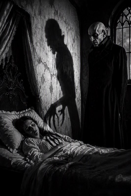 Nosferatu vampire looms over a sleeping woman in a gothic bedroom casting a menacing clawed shadow