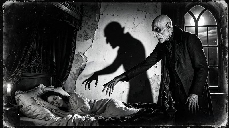 Nosferatu vampire looms menacingly over a sleeping woman in a dilapidated moonlit bedroom