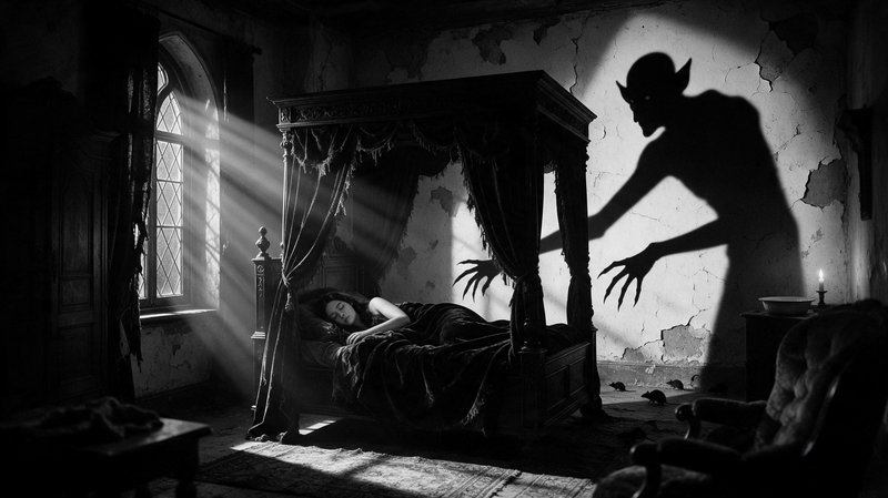 Menacing demon shadow looms over a sleeping woman in a crumbling gothic bedroom