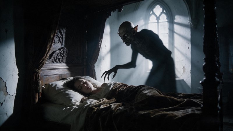 Emaciated nosferatu vampire looms over a sleeping woman in a gothic four-poster bed