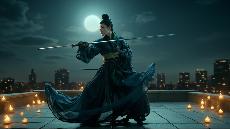 Female warrior in flowing traditional robes holds a drawn sword on a candle-lit rooftop under a glowing full moon