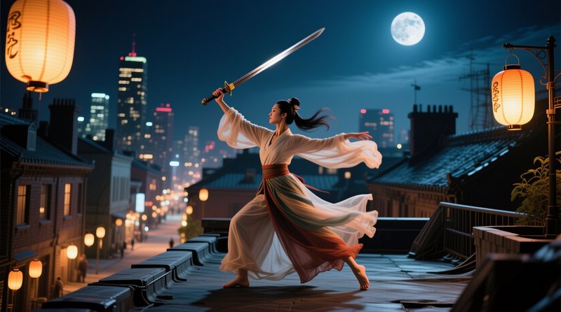 Graceful woman in flowing hanfu performs sword dance on a city rooftop under a glowing full moon