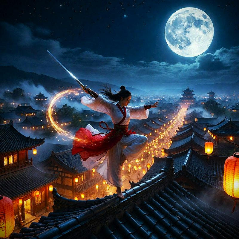 Female wuxia warrior balances on ancient city rooftops wielding a glowing sword under a bright full moon