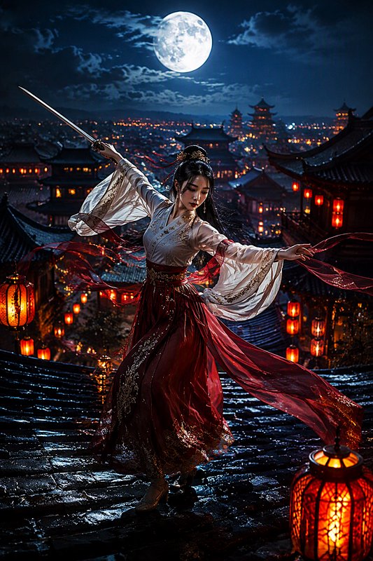 Wuxia warrior in flowing hanfu holds a sword atop a rooftop over a lantern-lit ancient city under a full moon