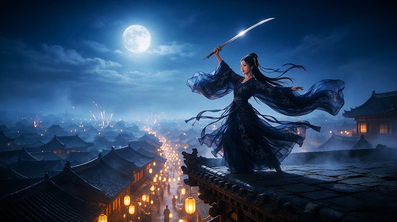 Female wuxia warrior in flowing dark hanfu holds a sword on a rooftop overlooking a lantern-lit ancient city under a bright