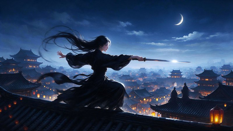 Female wuxia swordswoman stands on a rooftop holding a blade over a lantern-lit ancient city under a crescent moon
