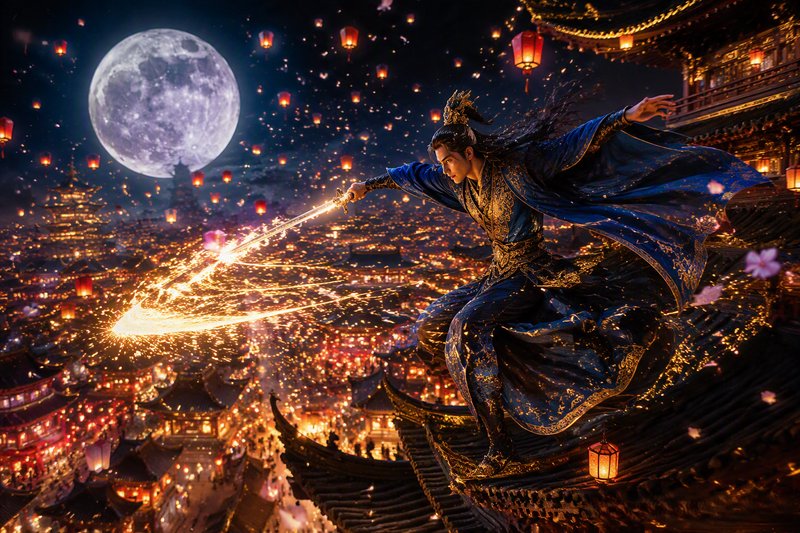 Wuxia swordsman wielding a glowing sparking sword perched on a pagoda rooftop over a lantern-lit city under a full moon
