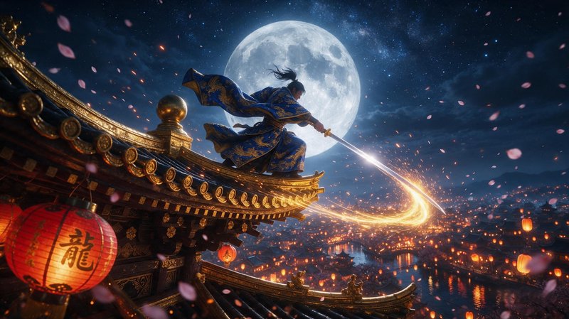 Samurai wielding a glowing katana stands on an ornate temple roof under a huge full moon above a lantern-lit ancient city