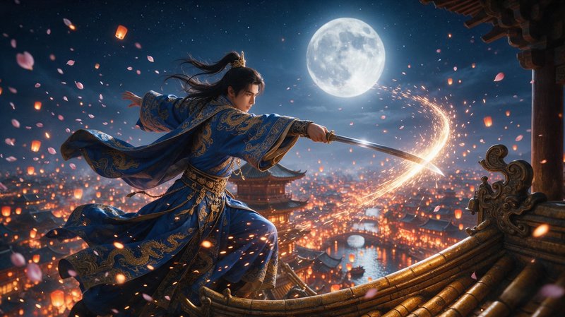 Wuxia swordsman swings a glowing sword atop a pagoda rooftop under a full moon overlooking a lantern-lit ancient city