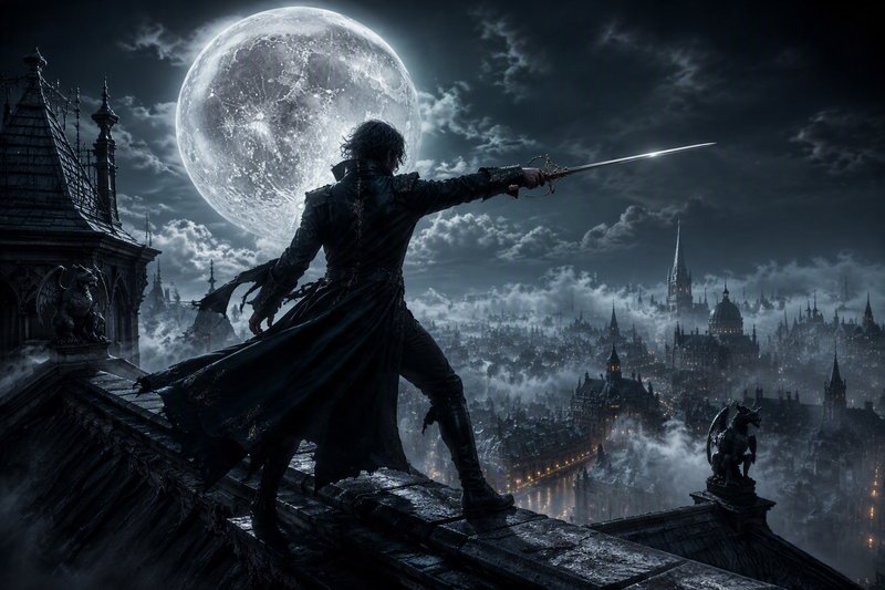 Dark fantasy swordsman holding a rapier stands on a gothic rooftop under a giant full moon overlooking a misty city