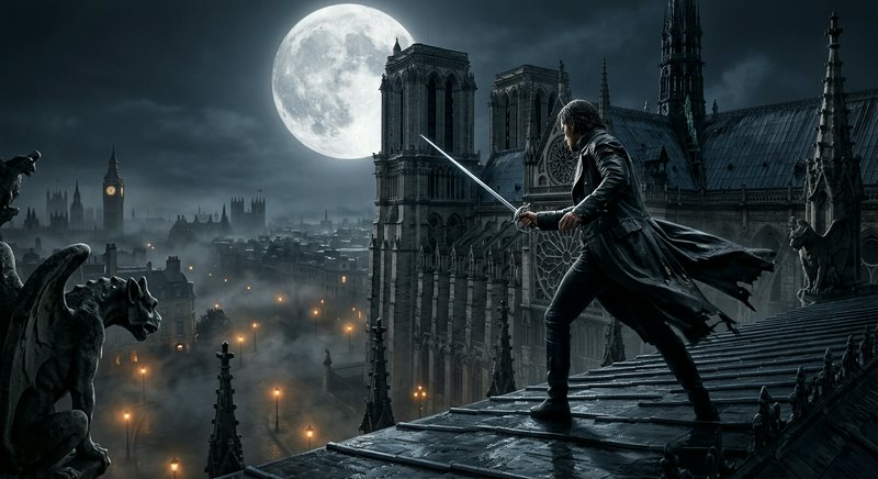 Sword-wielding assassin stands on Notre Dame rooftop under a huge full moon overlooking misty gothic Paris