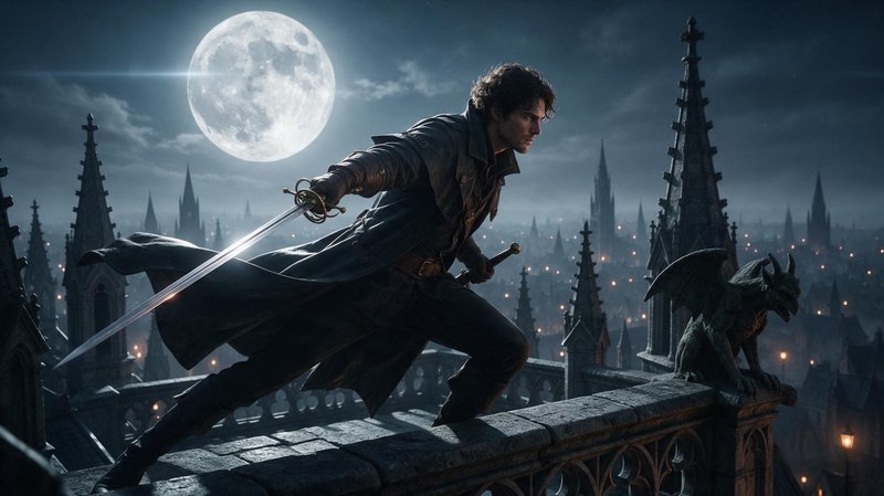 Swashbuckling fantasy assassin holding rapiers balances on a gothic rooftop under a full moon